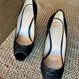 Versace Peep-toe Embroidered Black Leather Pumps with Platform